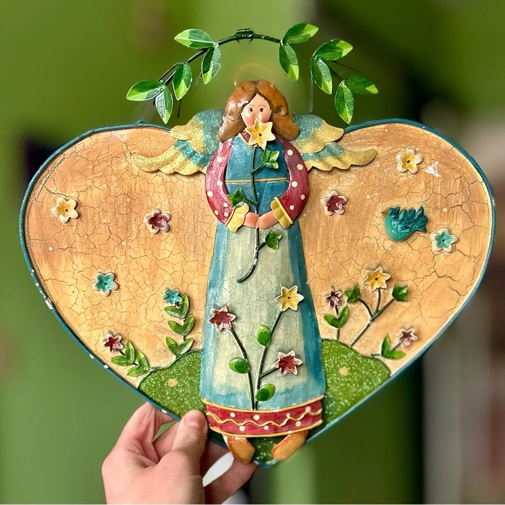 VTG Cottagecore Heart Garden Angel Farmhouse Metal Colorful Wall Art